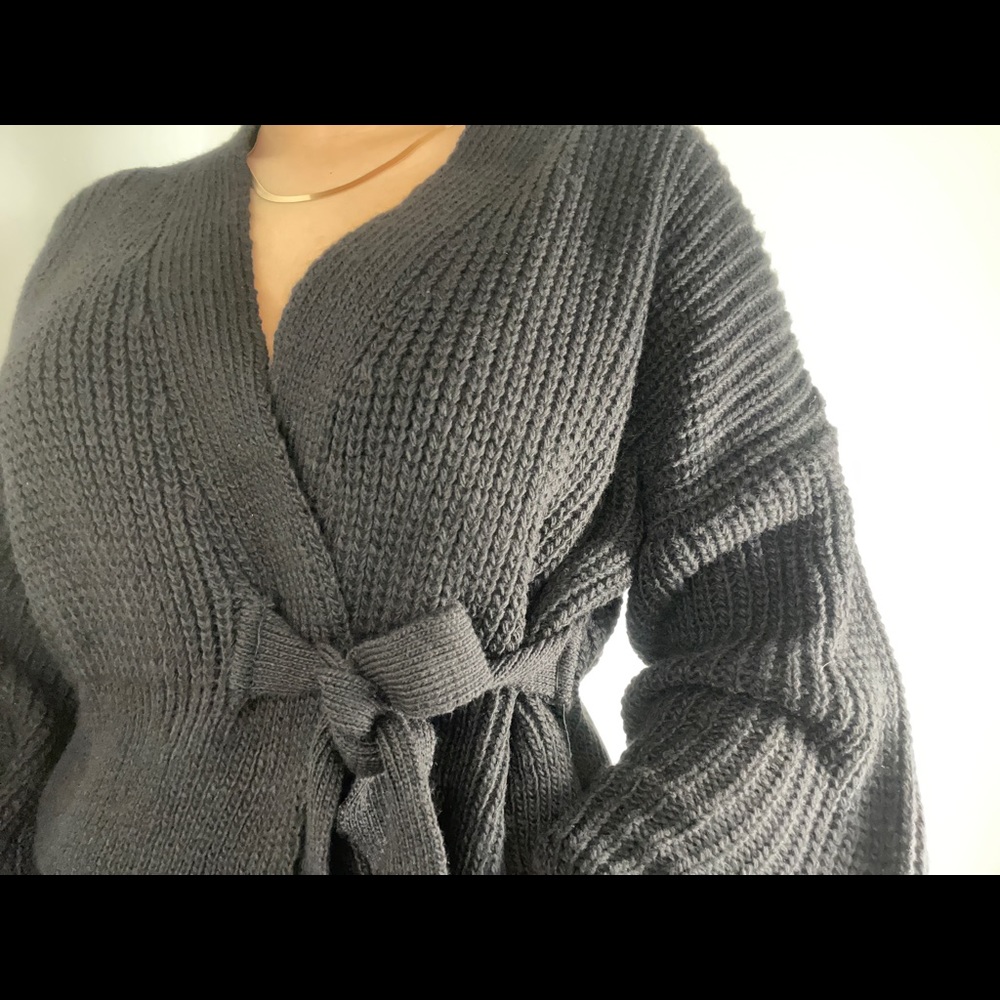 Black Knit Puff Sleeve Wrap Cardigan